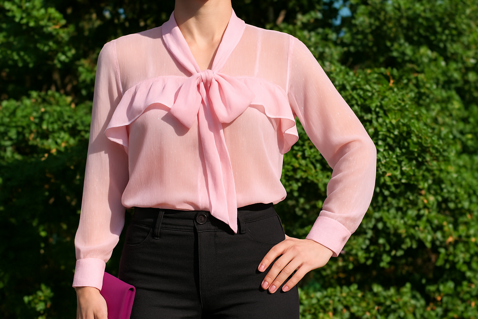 Blusa rosa bebé con transparencias y moño