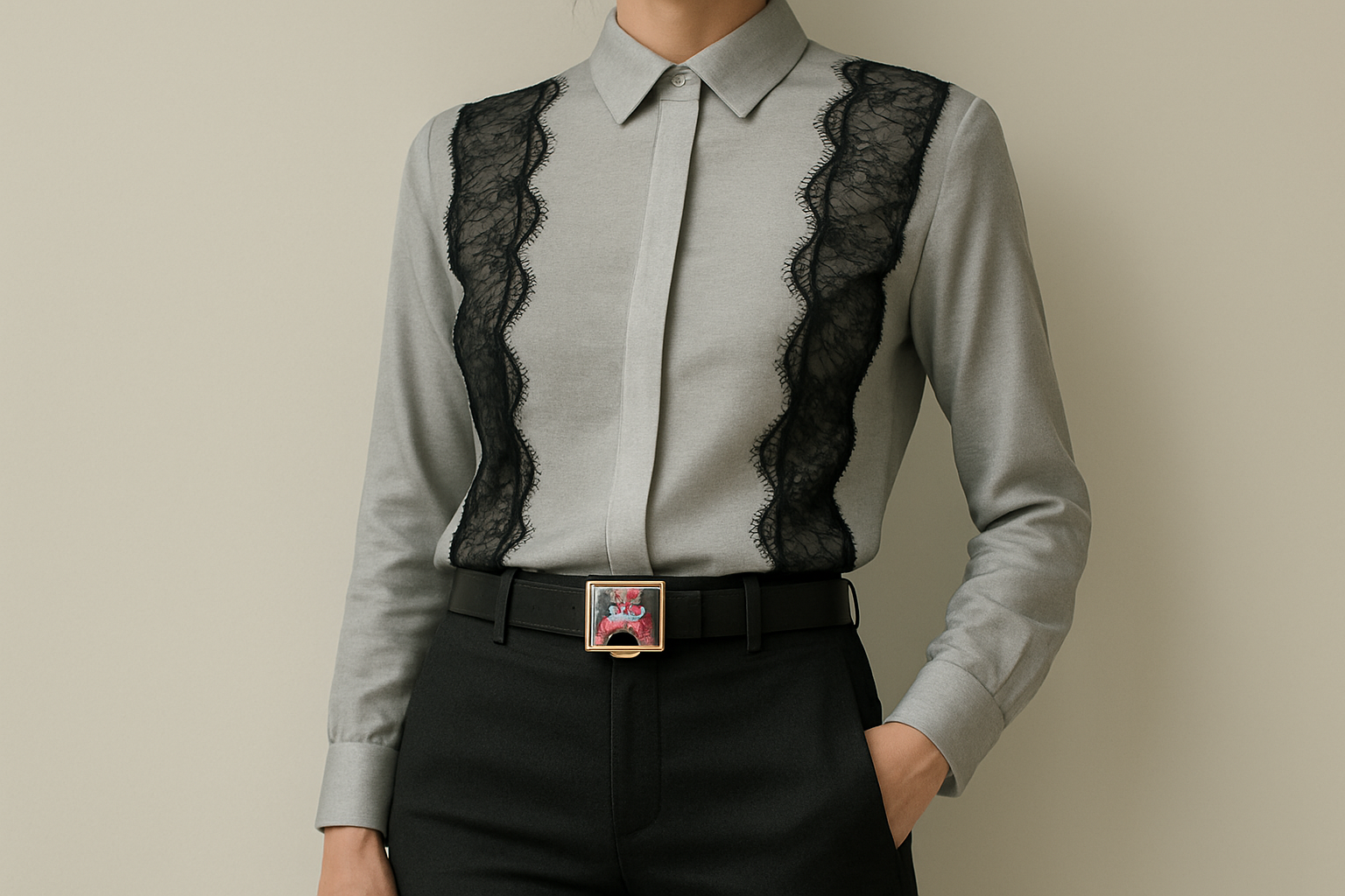Camisa gris perla con encaje negro