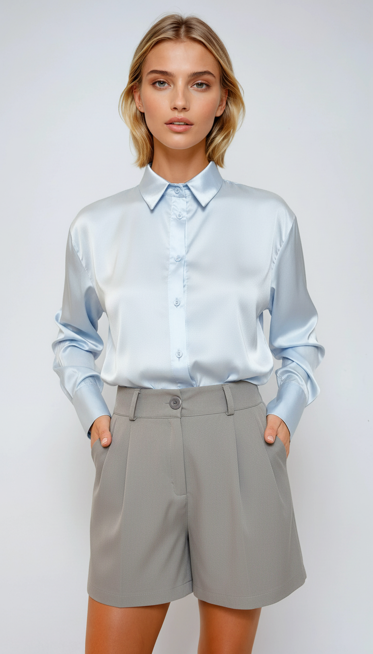Conjunto con camisa celeste pastel y short gris cemento