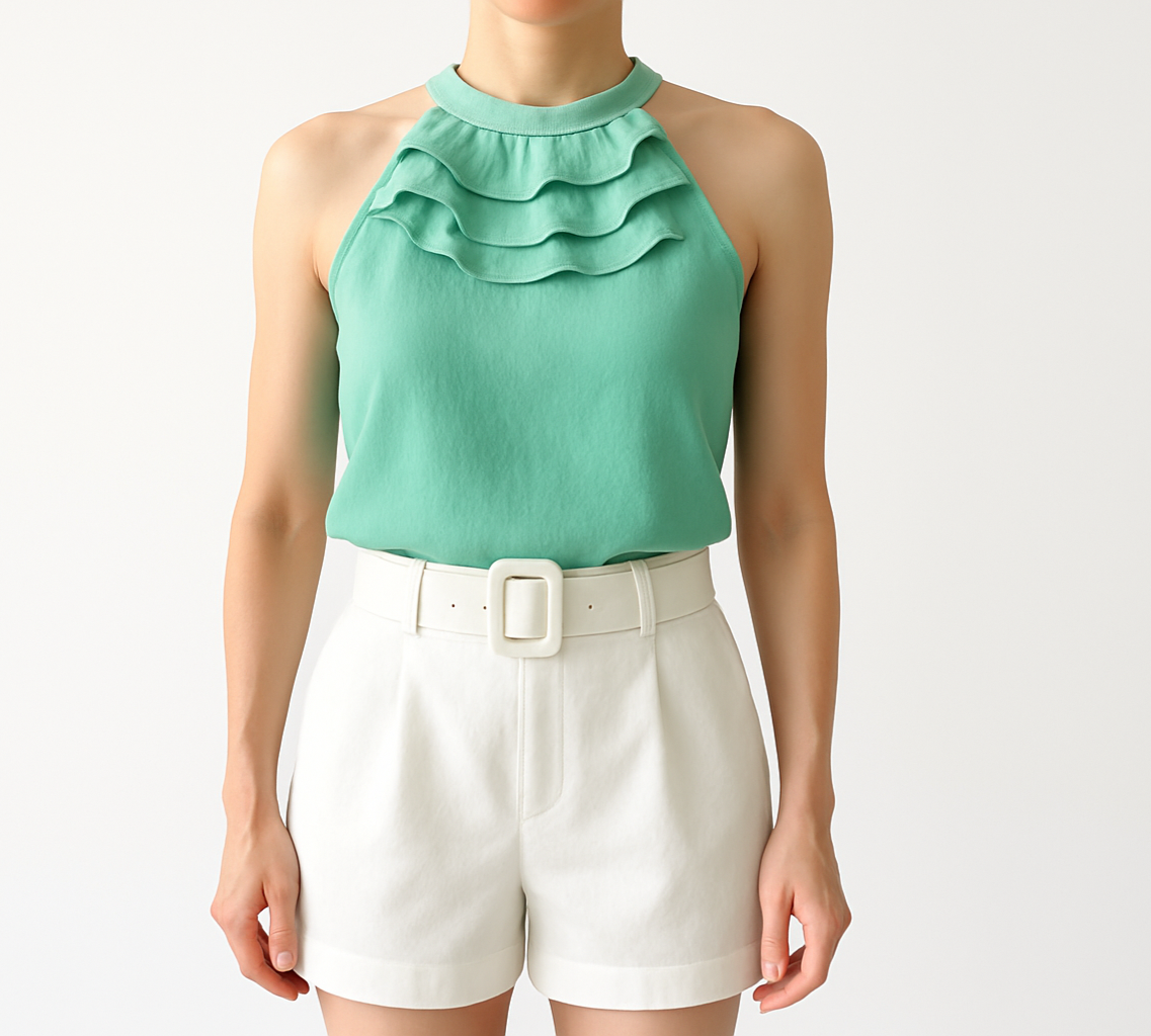 Variación con blusa verde agua y short blanco