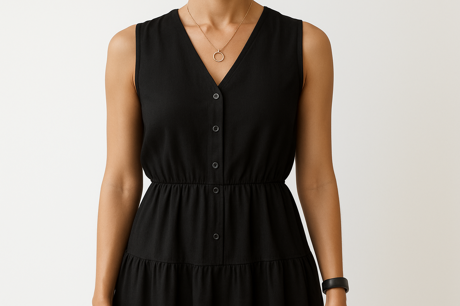 Vestido negro con escote V y volados